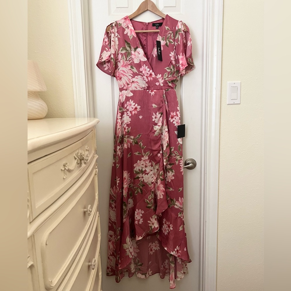 Lulu’s Floral Print Satin Ruffled Maxi dress